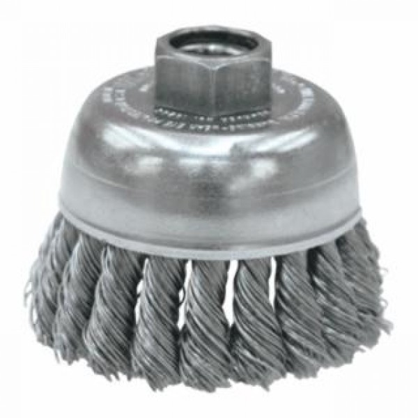  Single Row Heavy-Duty Knot Wire Cup Brush, 2 3/4 in Dia., 5/8-11 UNC, .02 Steel